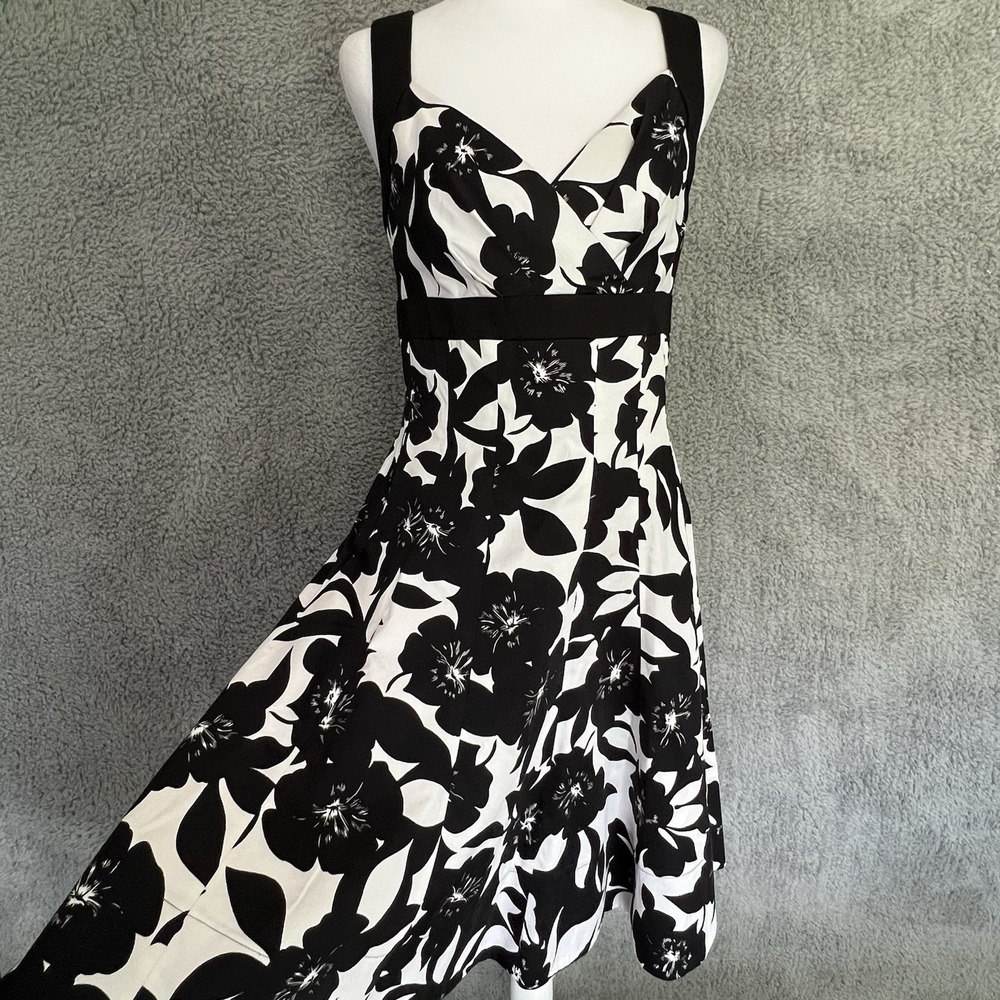 WHBM Cocktail Dress Sweetheart Neckline Womens 8 Black White Floral Cotton 97%